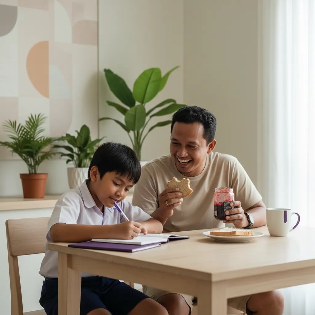 Ayah dan anak SD tertawa saat menguji instruksi membuat roti selai di meja makan