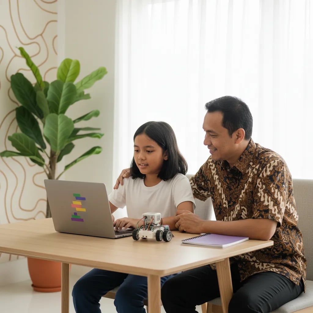 Anak perempuan SD memprogram robot beroda kecil dari laptop di meja rumah, ayahnya memperhatikan di sampingnya