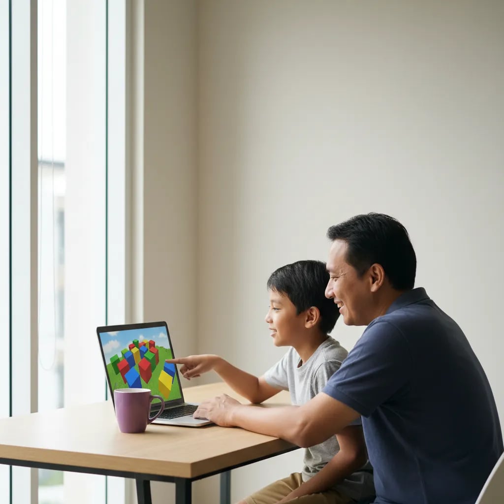 Anak laki-laki usia SD menunjuk game balok buatannya di layar laptop sambil menjelaskan kepada ayahnya