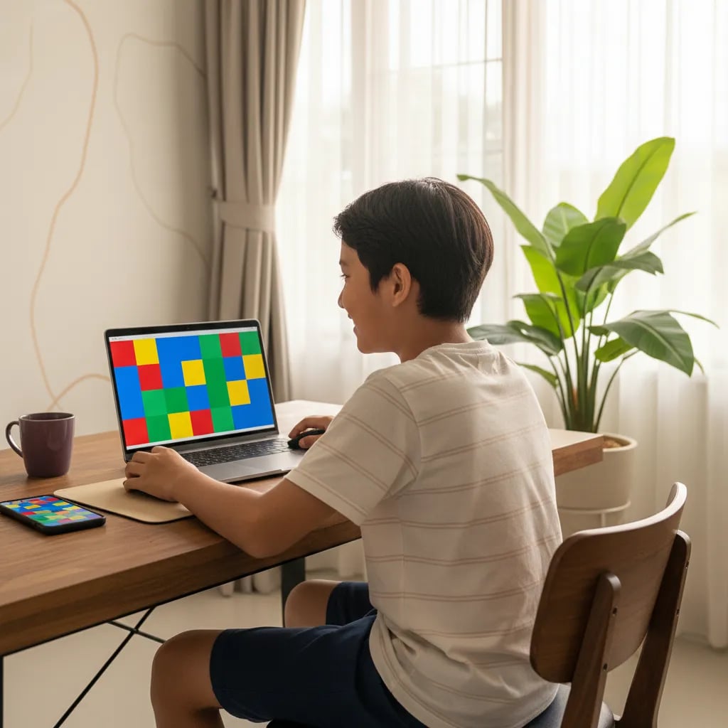 Primary school boy coding on a laptop with a mouse while his phone lies aside on the desk