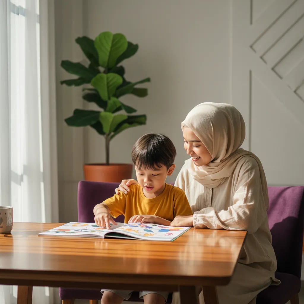 Ibu dan anak laki-laki kelas 1 SD membaca buku bergambar bersama di meja rumah, belajar membaca dengan santai