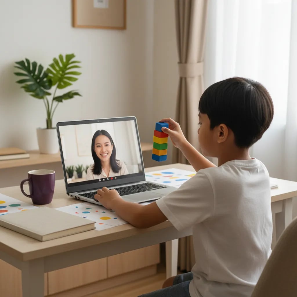 Anak laki-laki 7 tahun belajar matematika online bersama guru lewat laptop dengan kubus warna di meja