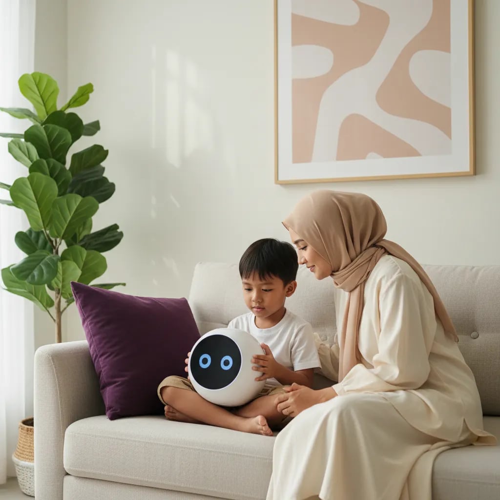 Anak laki-laki 6 tahun memegang mainan robot AI berwajah layar di sofa, ditemani ibunya