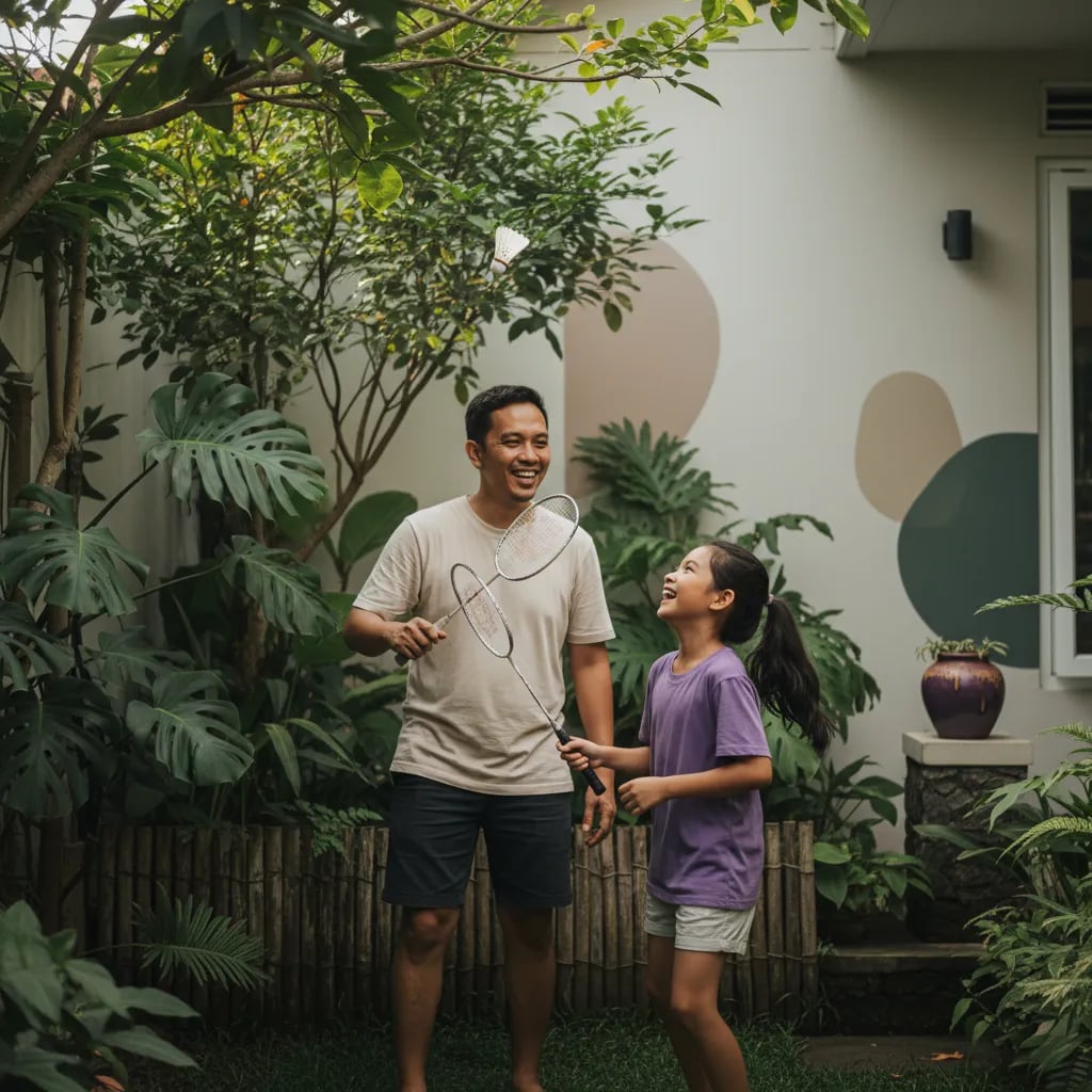 Ayah dan anak perempuan SD bermain bulu tangkis di halaman rumah sebagai waktu istirahat dari les
