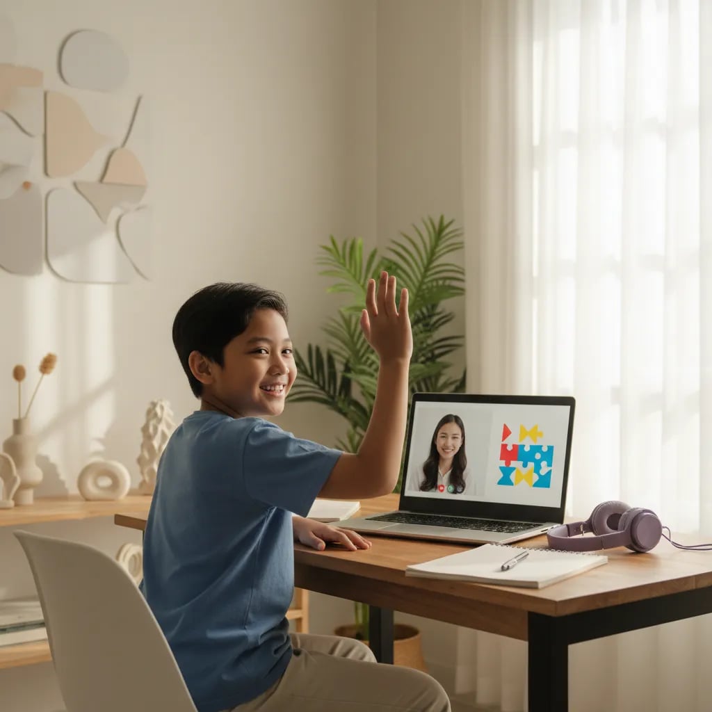 Anak laki-laki 10 tahun mengikuti kelas coding online dari rumah dengan guru lewat laptop