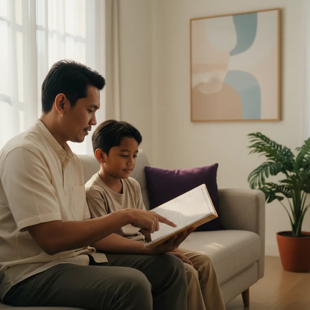 Ayah dan anak SD membaca rapor bersama di sofa rumah sambil merencanakan libur sekolah Desember