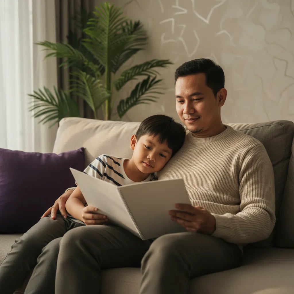 Ayah dan anak laki-laki SD membaca rapor Kurikulum Merdeka bersama di sofa rumah