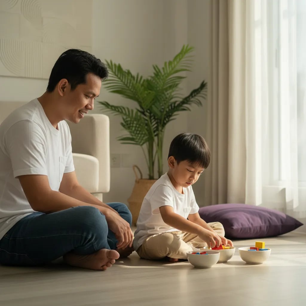 An Indonesian father and his 6-year-old son sort colourful wooden blocks into bowls, learning to count through play