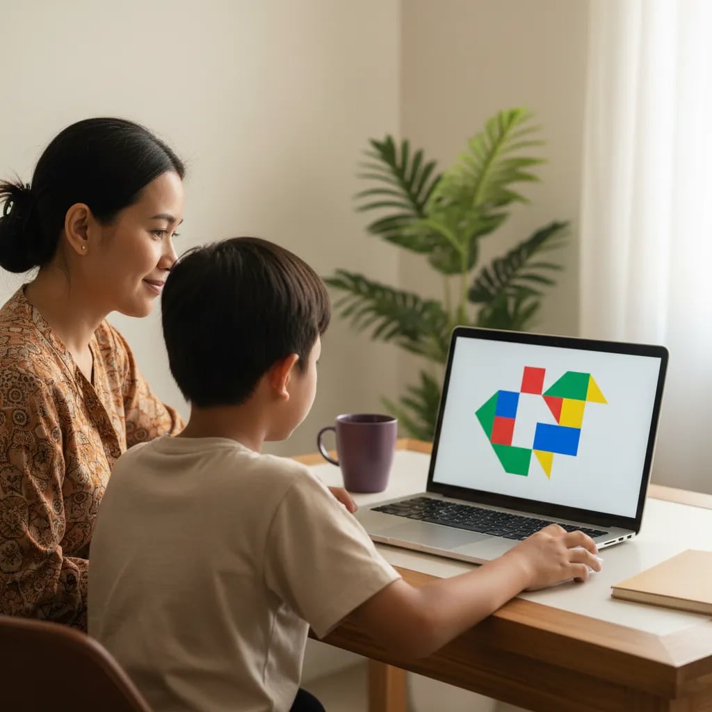 Anak laki-laki Indonesia sembilan tahun menyusun blok coding warna-warni di laptop bersama ibunya di rumah