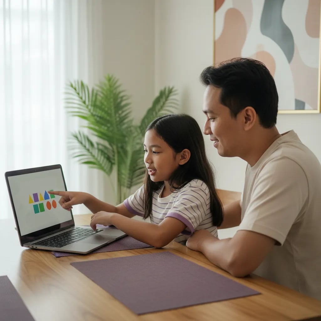 Ayah dan anak perempuan Indonesia melihat proyek coding sederhana di laptop di meja makan rumah