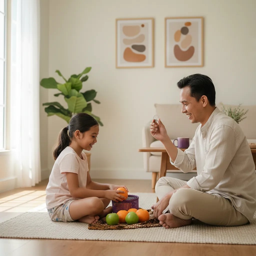 Father and daughter act out a shopping word problem with oranges and coins on the living room floor