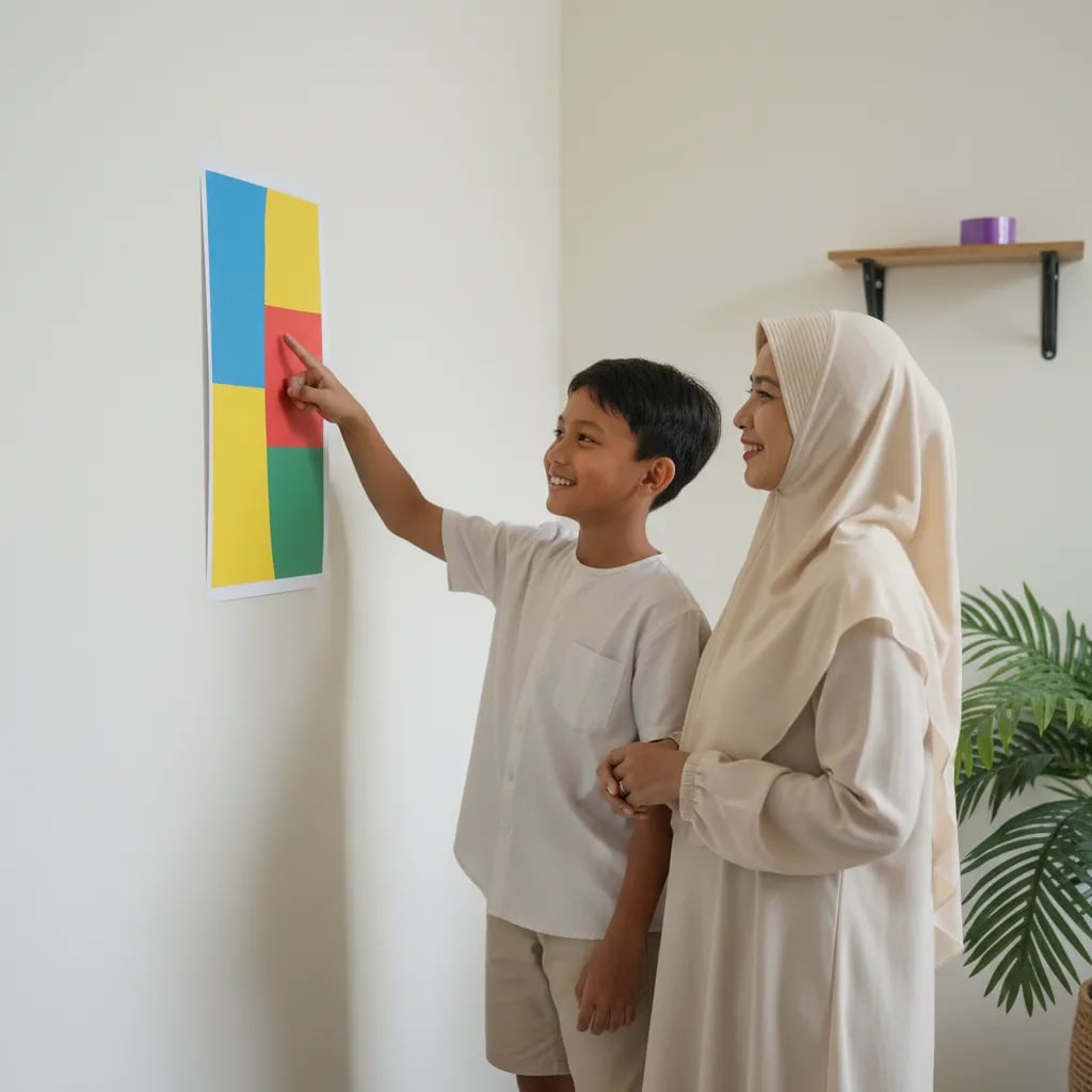 Anak laki-laki menunjuk poster buatannya yang ditempel di dinding rumah bersama ibunya, proyek Canva anak SD