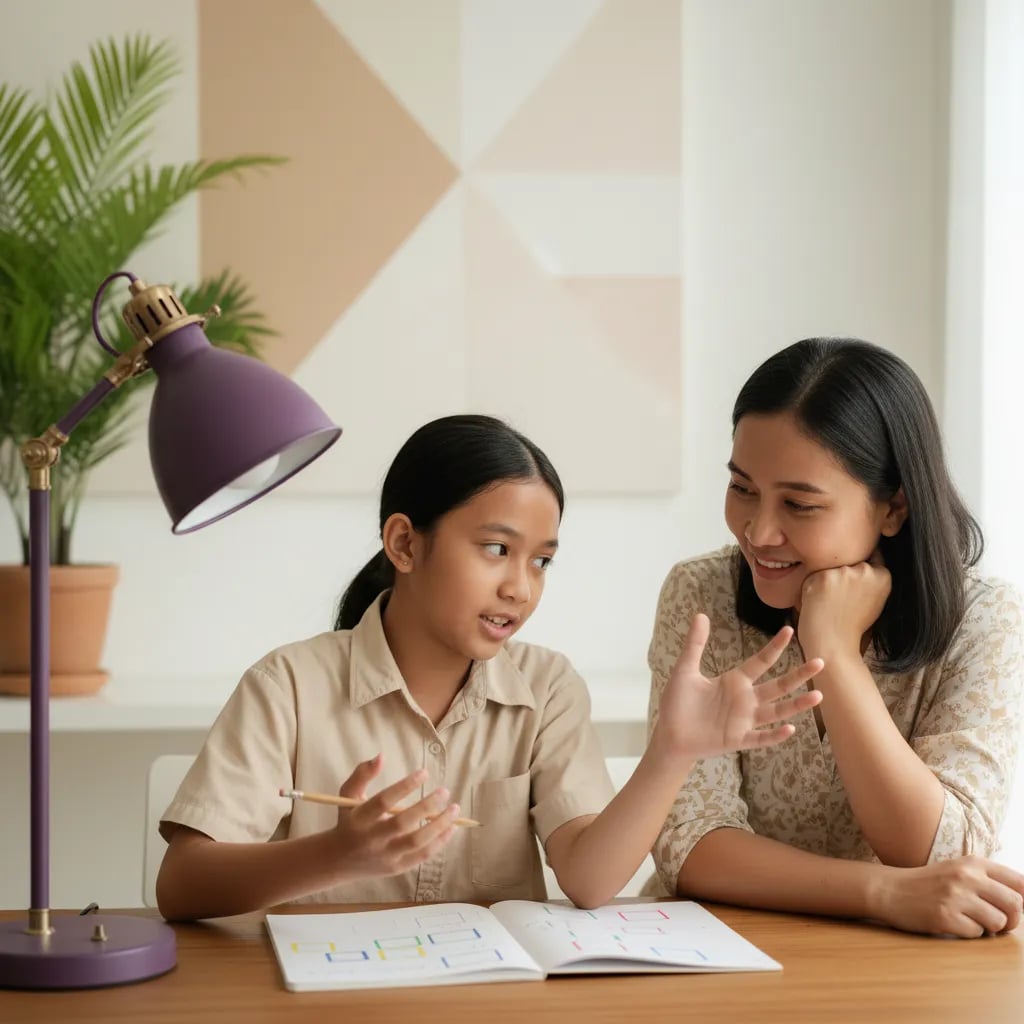 Girl explains her notebook to her mother at a desk, practising how to retell a word problem