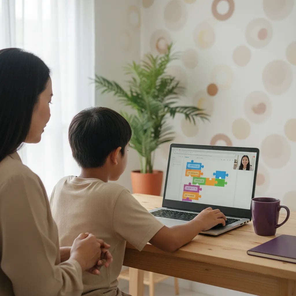 Mother watching her 9-year-old son build a Scratch project in a live online coding class for kids