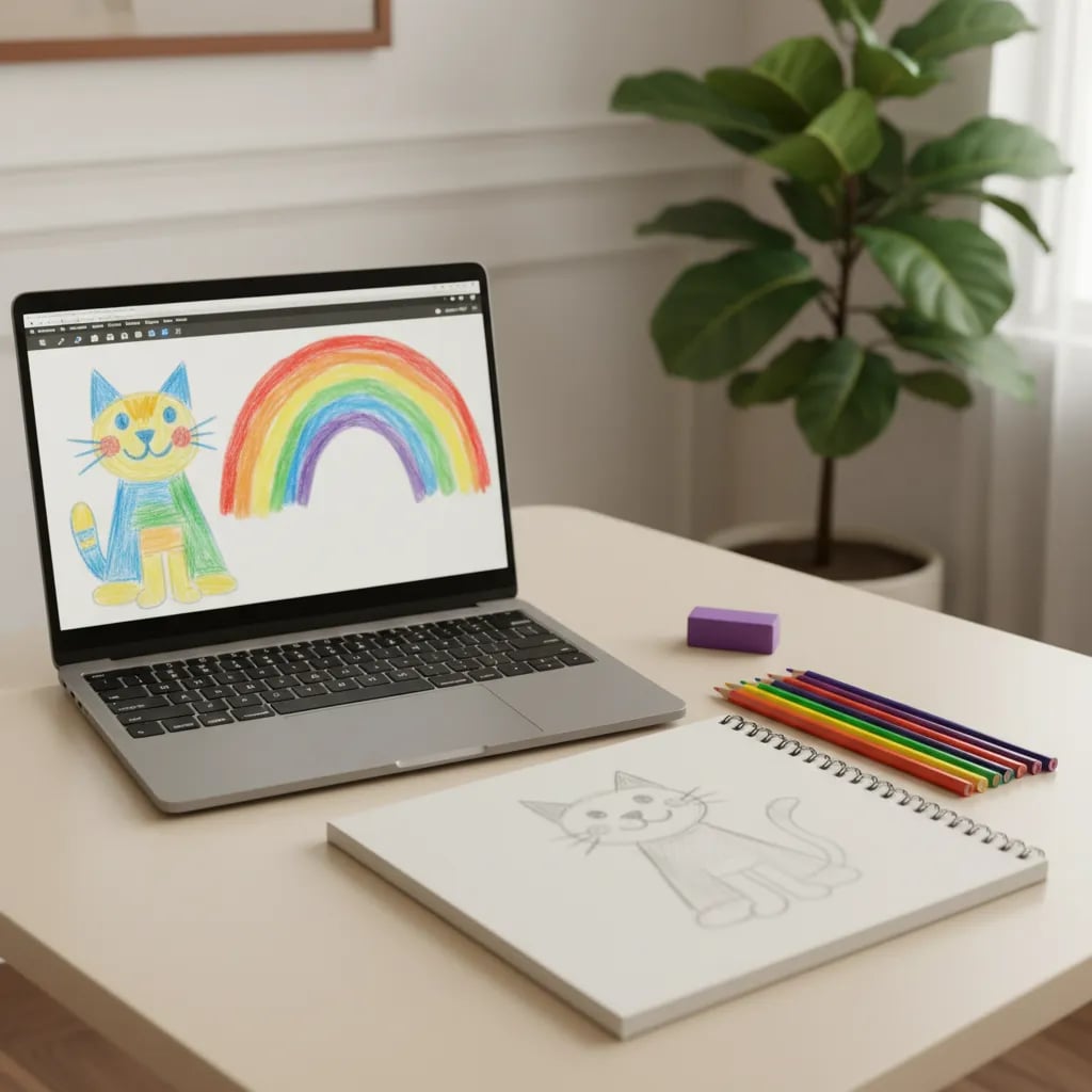 gambar digital anak SD di laptop dan buku gambar dengan pensil warna