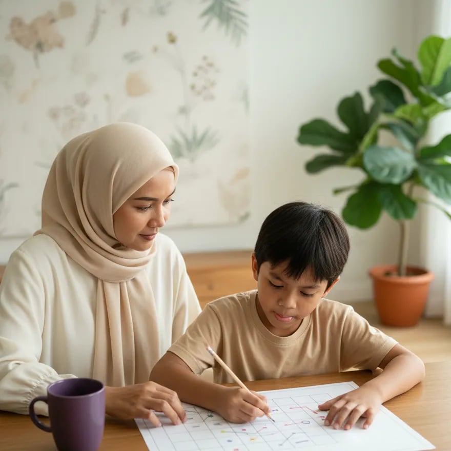 ibu dan anak SD mengerjakan permainan logika di atas kertas bersama
