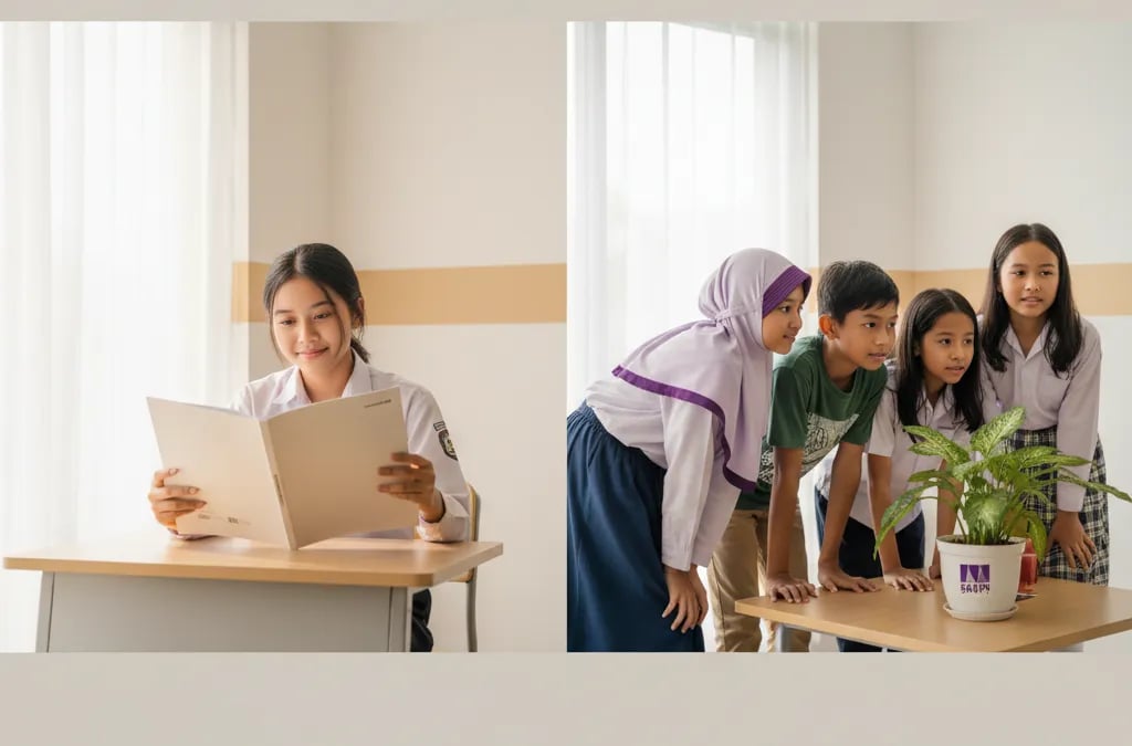 Siswa SMA Indonesia mempelajari brosur universitas saat persiapan beasiswa