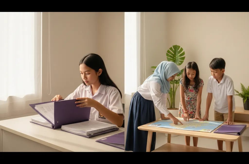Siswa SMA mengorganisasi dokumen aplikasi beasiswa di meja kerja