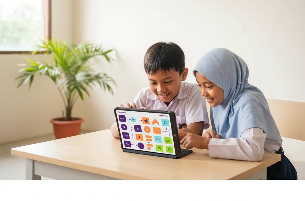 Two Indonesian primary school children collaborating on a tablet project together
