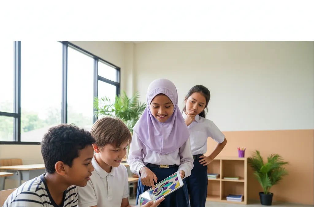 Three Indonesian primary school children gathered around a tablet learning coding together