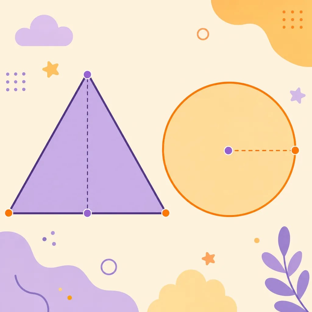 Diagram segitiga dengan garis tinggi putus-putus dan lingkaran dengan jari-jari, membantu anak memvisualisasikan rumus luas.