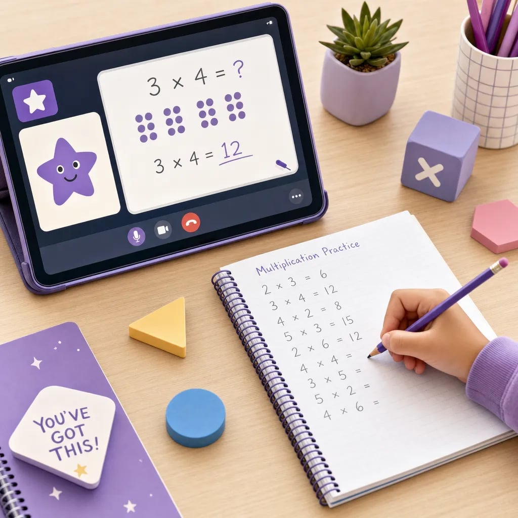 Meja belajar anak saat les matematika online: layar menampilkan mentor dan papan tulis, di sebelahnya buku tulis berisi latihan perkalian