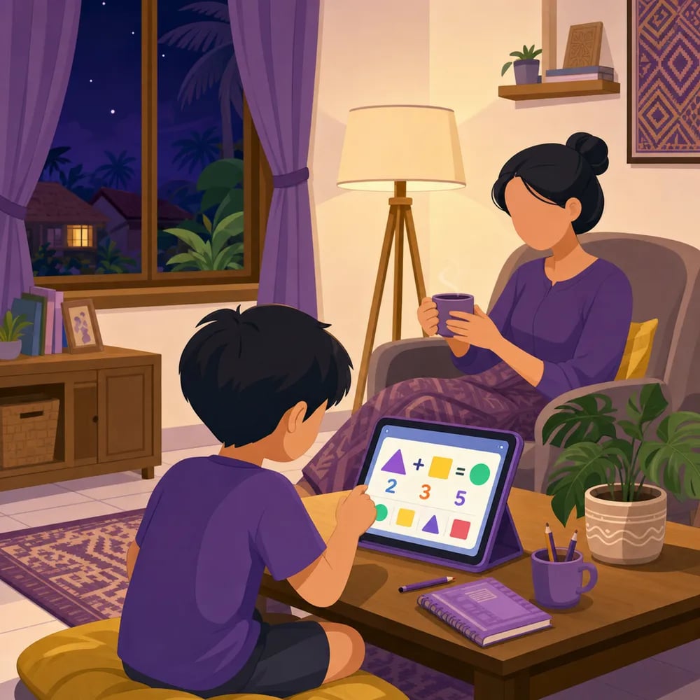 Anak belajar matematika online dari rumah bersama keluarga