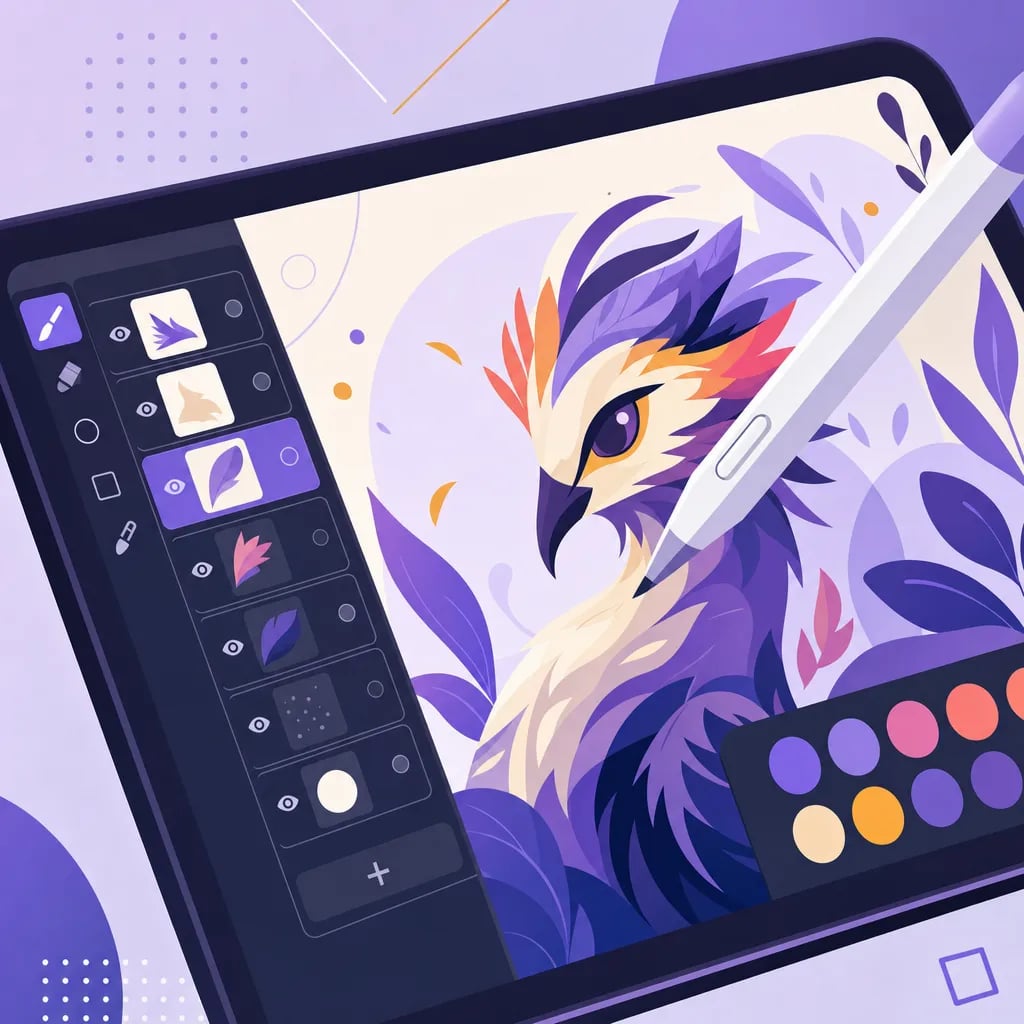 Ilustrasi karakter digital berwarna-warni sedang digambar di tablet dengan panel layer dan palet warna
