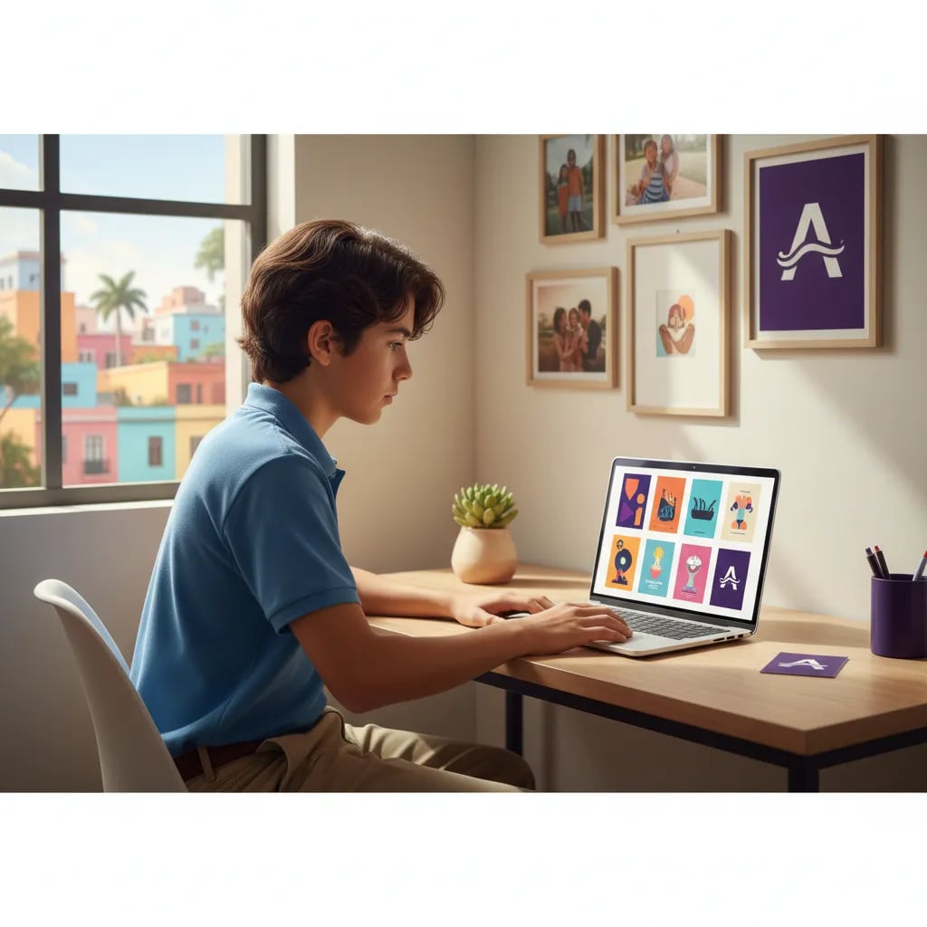 Adolescente revisando su portafolio de diseño gráfico en una laptop