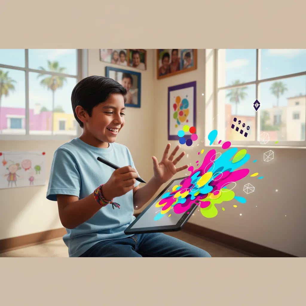 Niño dibujando con un lápiz óptico en una tableta gráfica, creando una composición colorida de formas