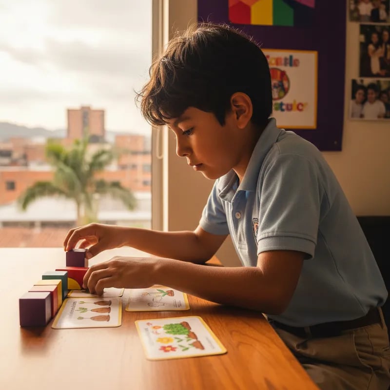 Child organizing colorful blocks and cards into a logical sequence on a table