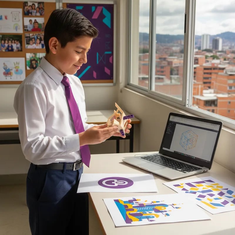 Teen showing a 3D-modeled object next to design portfolio projects