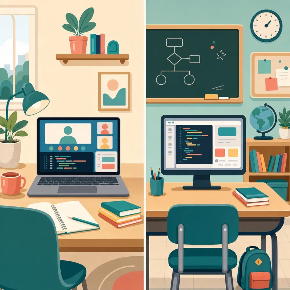 Side-by-side comparison of a child in an online coding class and another in an in-person classroom