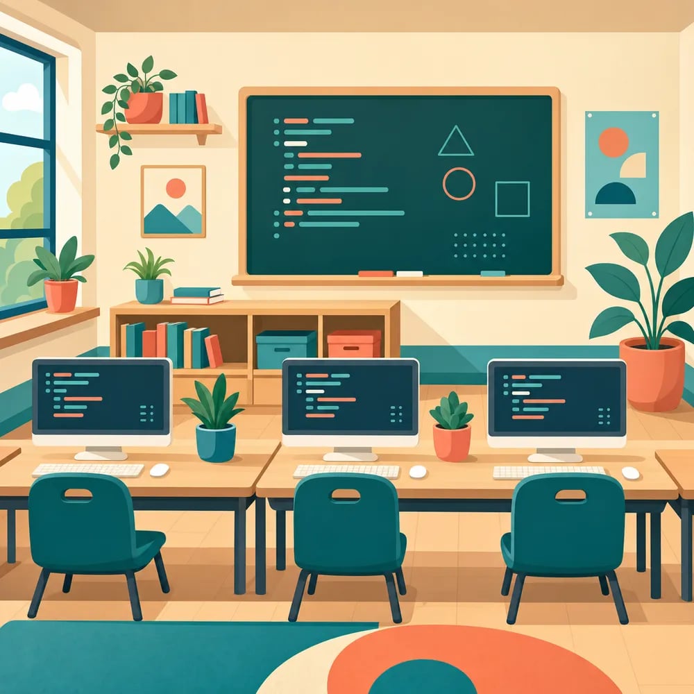 In-person kids' coding classroom with computers and an instructor supporting the group