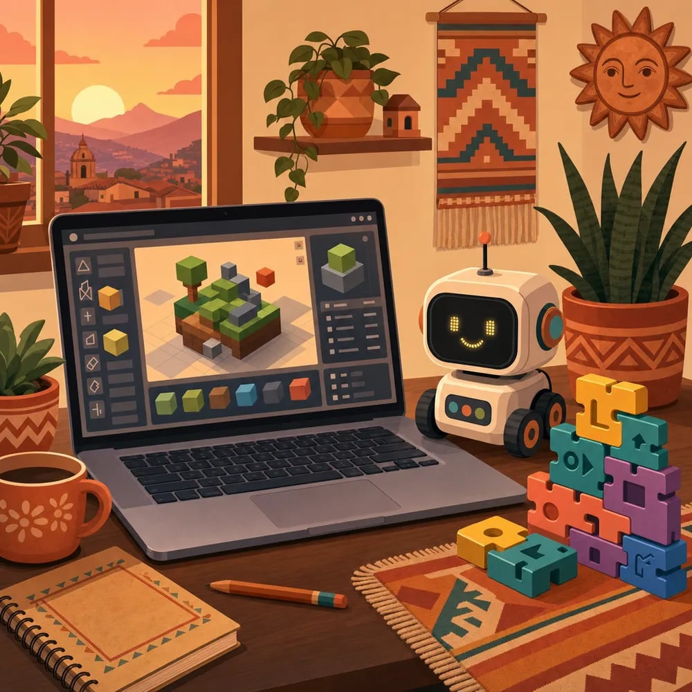 Los tres caminos STEM: programación, robótica y game design lado a lado en un escritorio de aprendizaje familiar.