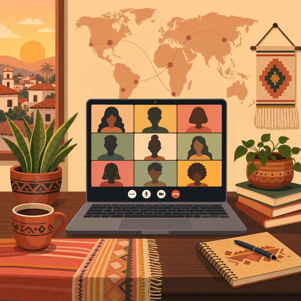 Escritorio familiar LATAM con laptop mostrando videollamada de clase online — el entorno tranquilo del aprendizaje remoto con conexión global.