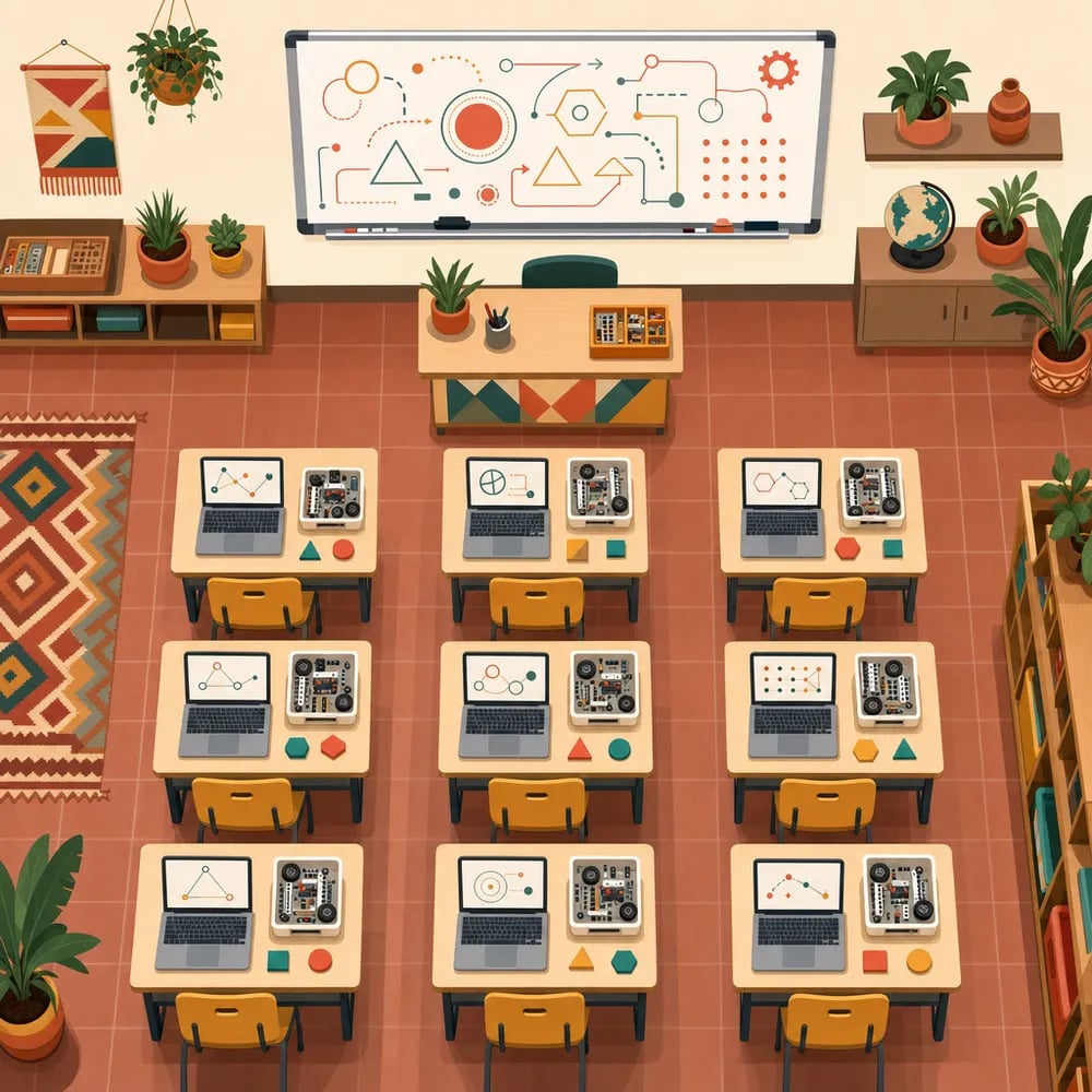 Aula escolar con hilera de escritorios con laptops y kits de robótica — el escenario B2B típico de Educabot en escuelas.
