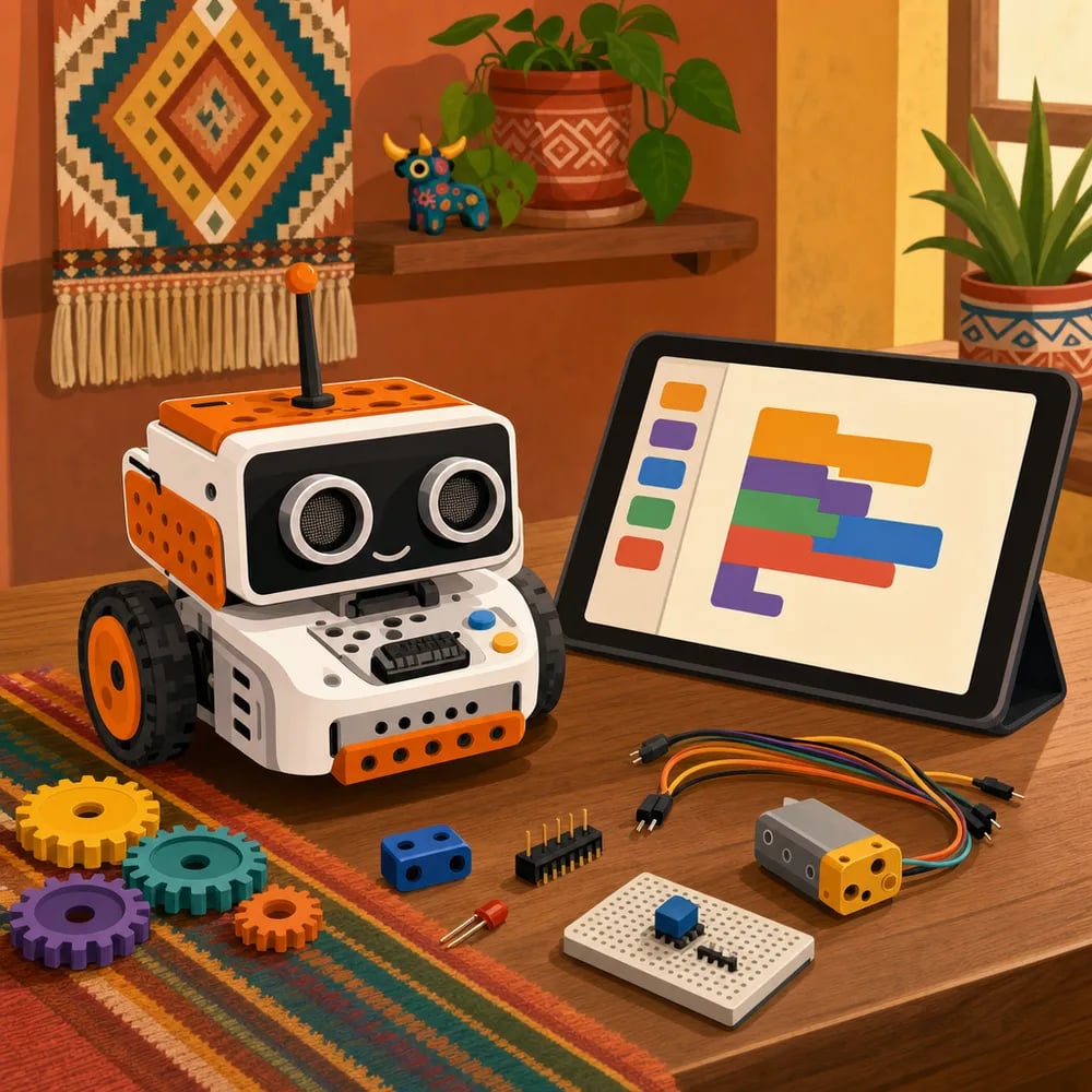 Un robot educativo pequeño en un escritorio, junto a piezas, cables y una tablet mostrando programación por bloques — la lógica se ve en acción.