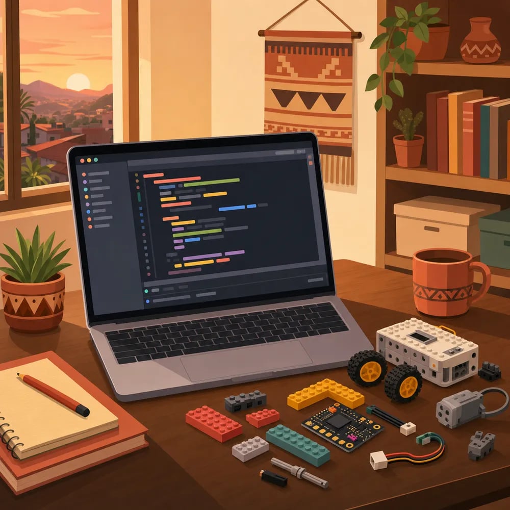 Escena de aprendizaje familiar en LATAM: laptop mostrando código, junto a un pequeño kit de robótica esperando ser ensamblado — programación primero, robótica después.
