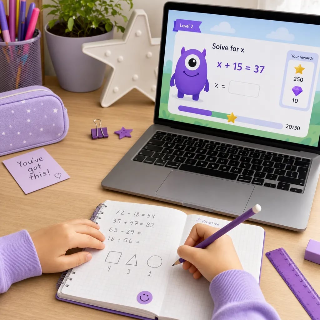 Child solving math exercises in a notebook next to a laptop showing a gamified online class