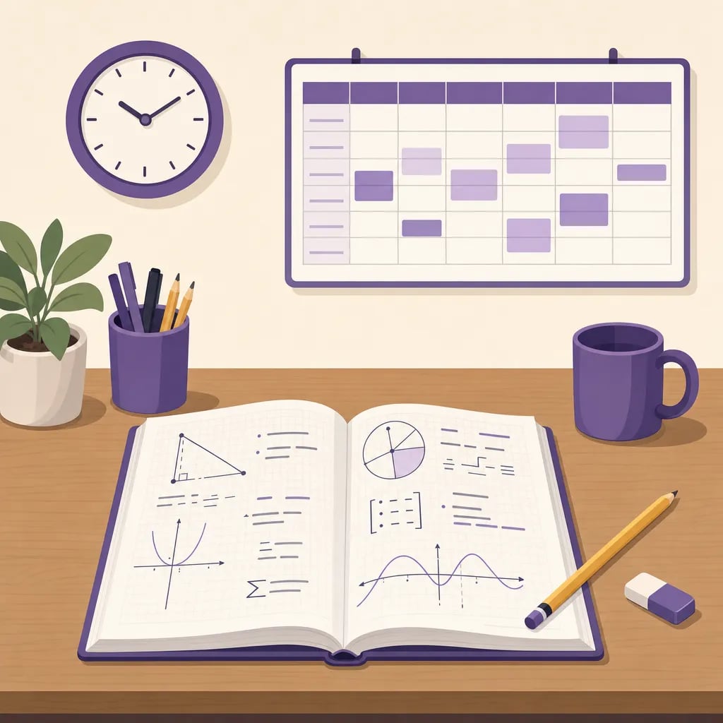 Escritorio de tutoría de matemáticas con cuaderno de ejercicios, reloj y calendario de horarios fijos
