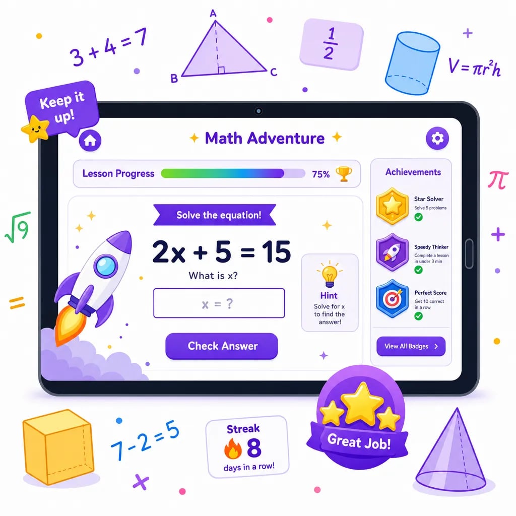 Gamified online math class interface with stars, a progress bar and equations