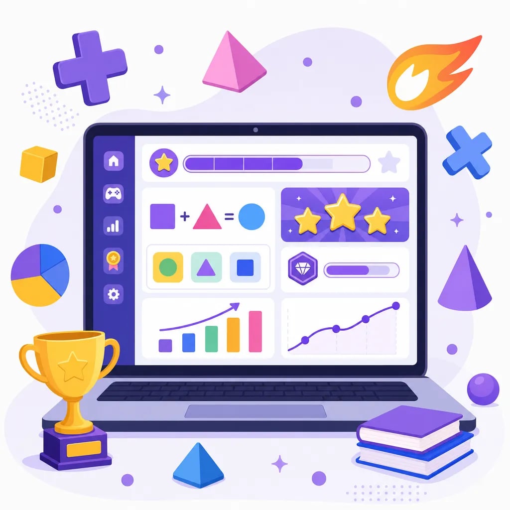 Panel de una clase de matemáticas online gamificada con barra de progreso, estrellas y gráficos de avance