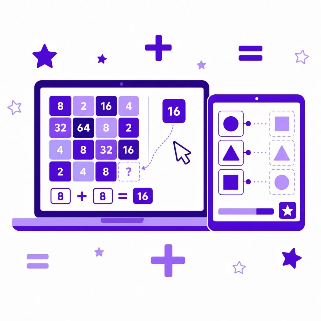 Juego de matemáticas online en una laptop y una tablet con una cuadrícula de números y figuras geométricas