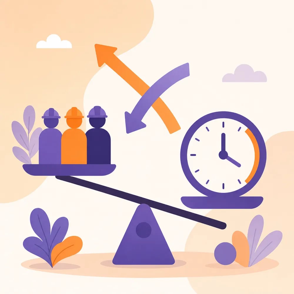 Seesaw with workers on one side and a clock on the other: an example of inverse proportion