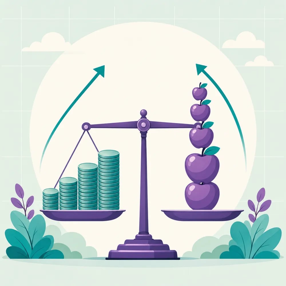 Balance scale with coins and apples growing together: an example of direct proportion
