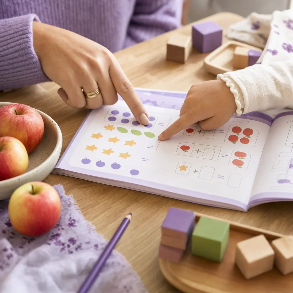 Manos de un padre y un niño señalando juntos un cuaderno de matemáticas en la mesa de la cocina, con frutas y bloques de colores para contar