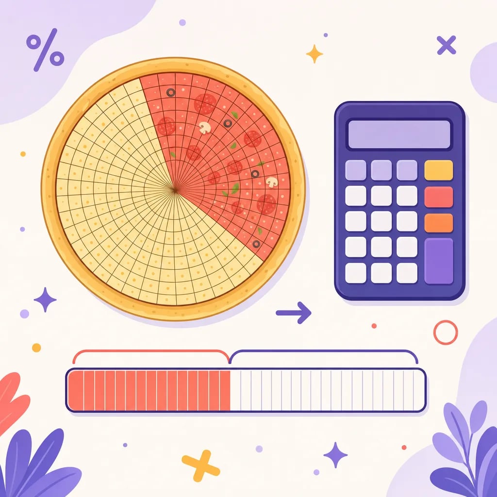 Pizza dividida en cien partes con una porción resaltada junto a una calculadora: cómo hallar el porcentaje de un número