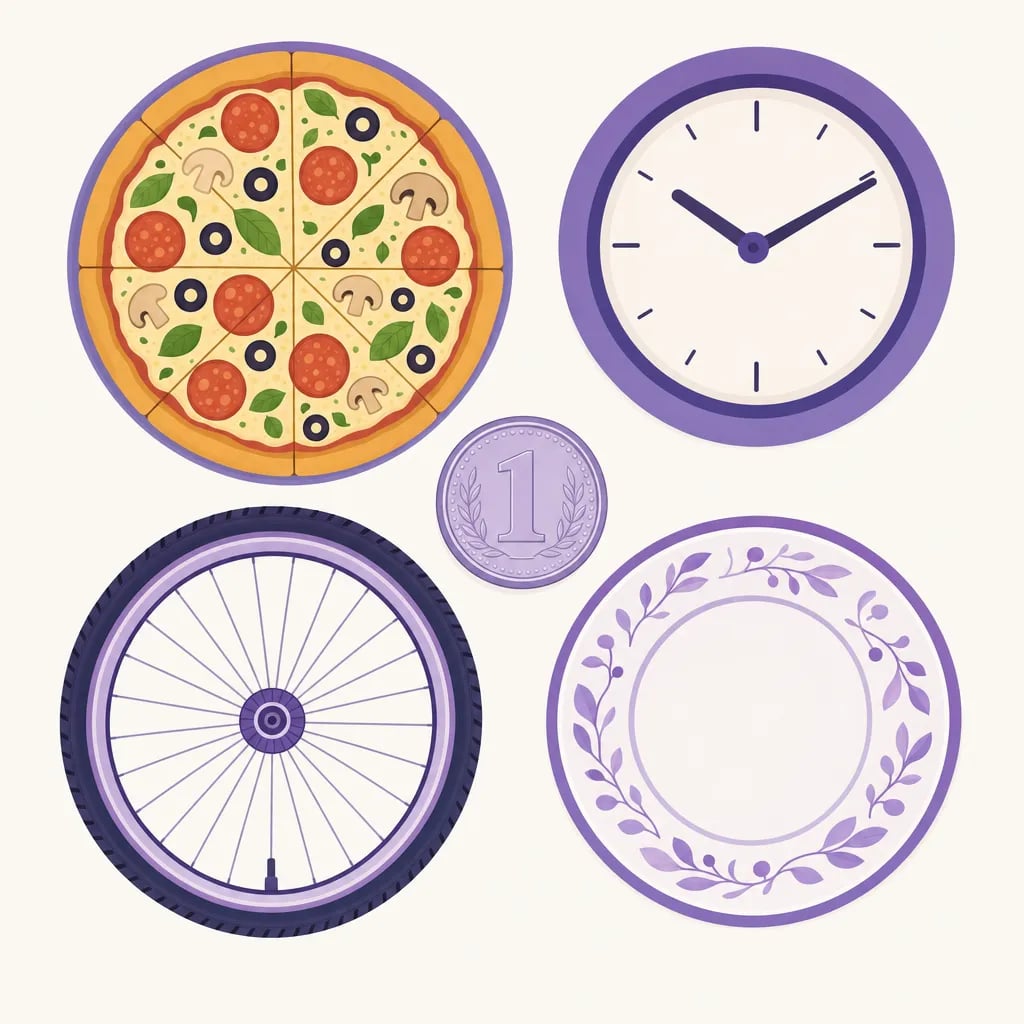 Objetos redondos cotidianos —pizza, reloj, rueda, plato y moneda— que muestran círculos en la vida real