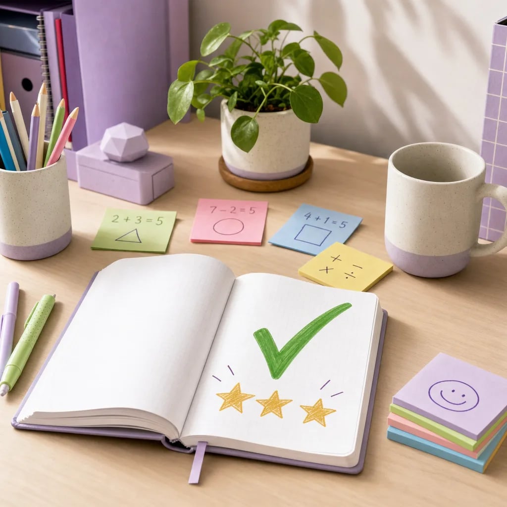 Escritorio de estudio de un niño con un cuaderno abierto que muestra una palomita verde y estrellas doradas, notas adhesivas con operaciones simples y una pequeña planta